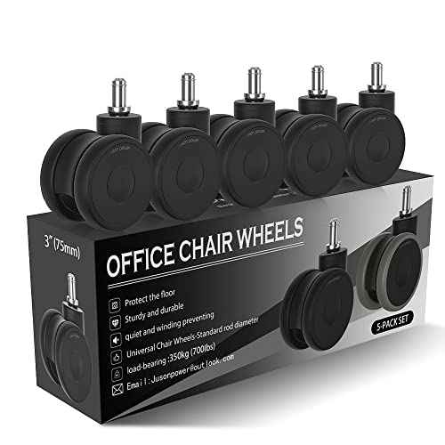 Office Chair Wheels casters 3 inch Silent Chair Wheels for Hardwood Floors and Carpet, Heavy Duty with Standard stem 7/16¡È* 7/8¡È(11mm*22mm), Load Capacity 600 Lbs Set of 5-3 Inch