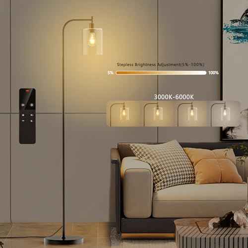 Industrial Floor Lamp with Glass Shade, Modern Dimmable Floor lamp with Remote LED Bulbs, Tall Lamp for Living Room Corner, Bedroom, Office (Black)