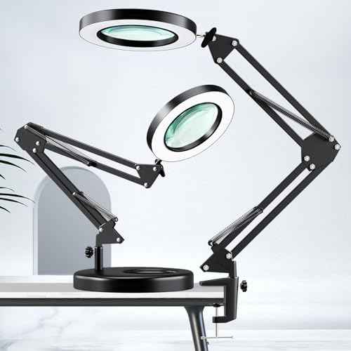 HITTI 10X Magnifying Glass with Light, 1,800 Lumens Stepless Dimmable, 3 Color Modes, 4.2¡È Real Glass Lens LED Magnifying Desk Lamp & Clamp, Magnifier Light and Stand for Crafts Welding Close Work