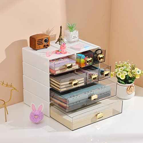 Spacious Desktop Storage Box, 2 Large Storage Drawers, Stackable Office Desk Drawer Organizer and Accessories, Printer Paper Organizer, White Plastic Drawers for Workspace