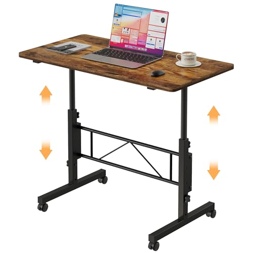 VECELO Small Rolling Standing Desk Adjustable Height, Mobile Stand Up Desk with Wheels, Portable Laptop Desk for Office Workstations, Treadmill Walking Pad, Brown