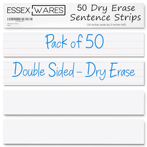 Essex Wares 50 Pack White Dry Erase Sentence Strips 16x3 Inches Classroom Use