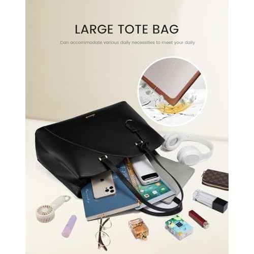 LOVEVOOK 17 Inch Laptop Tote Bag for Women, Work Bags Laptop Bag Teacher Tote Bag, Leather Computer Bag Large Purses Handbag Professional Briefcase, Black