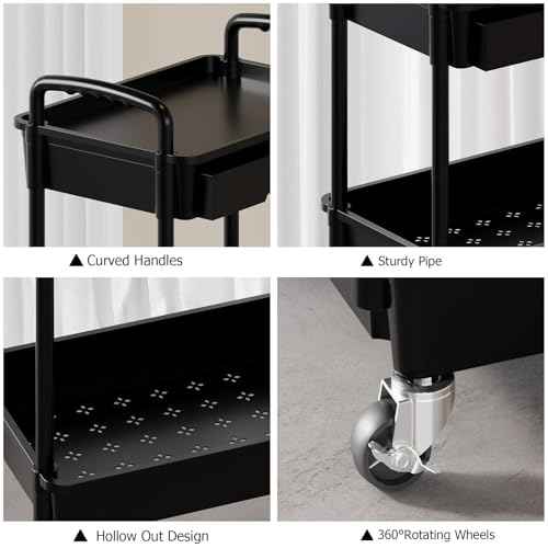 4 Tier Rolling Utility Cart with Drawer, Plastic Storage Organizer Rolling Carts with Wheels Handles Hanging Cups Hooks for Office, Bathroom, Kitchen,Craft Art Room (Black)