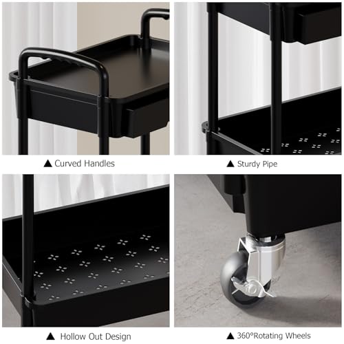 LLMRR 3-Tier Black Rolling Utility Cart with Drawer & Hooks - Multi-Purpose Storage