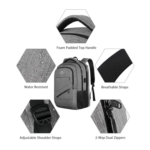 MATEIN Travel Laptop Backpack, 17 Inch Work TSA Approved Carry on Backpack, Large Computer Business Bag for Men Women with USB Port and Trolley Sleeve, College School Rucksack Book Bag, Grey
