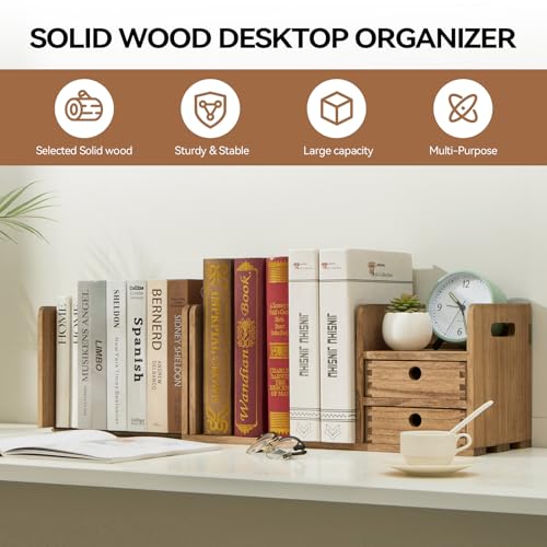 KIRIGEN Wood Adjustable Desk Orangizer Storage Expanable Desktop Bookshelf Fully Assembled Bookcase Adjustable Book Rack with Drawer for Office SSSJ-L-DBR