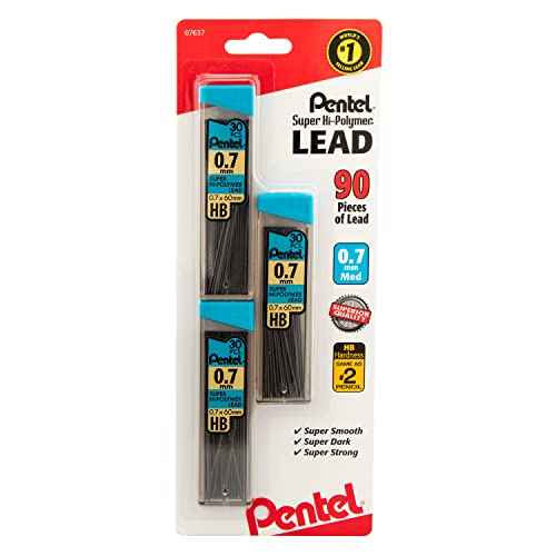 Pentel¢ç Super Hi-Polymer¢ç Leads, 0.7 mm, Medium, HB, 30 Leads Per Tube, Pack Of 3 Tubes