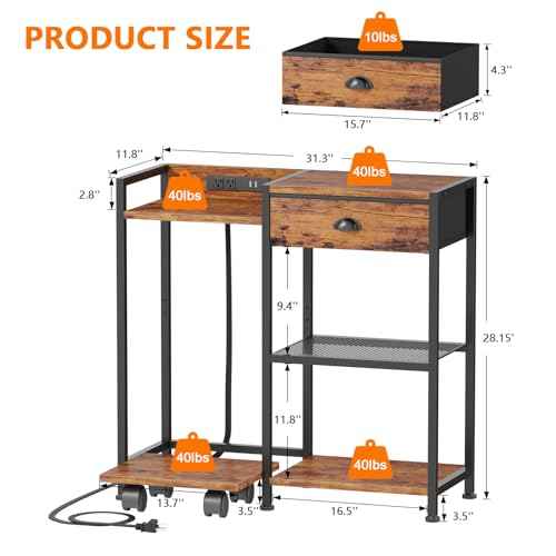 Furologee Printer Stand with Storage Drawer,Printer Table with Charging Station and USB Port,Industrial 3 Tier Shelf, Shredder Stand with Wheels,for Home Office,Rustic Brown