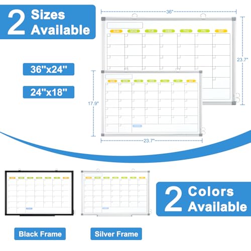 Dry Erase Calendar Whiteboard for Wall, WALGLASS 36" x 24" Magnetic White Board, Monthly Dry Erase Calendar with Silver Aluminum Frame, Double-Sided Hanging Portable Board for Office, Home, School