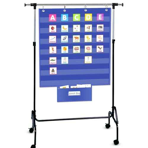 Standard Pocket Chart for Classroom with Zipper Storage Bag 28"x28" Wall Hanging File Display Pocket Chart with 7 Sentence Strips Holder Teacher Essential (Blue)
