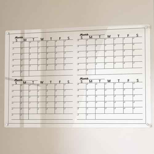 Acrylic 4 Monthly Calendar Whiteboard for Wall, 36"x24" Clear Planner Dry Erase White Board for List, Kitchen, Planning, Memo, Office