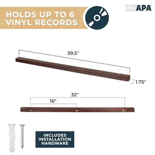 Ilyapa Vinyl Record Holder Wall Mount Vinyl Record Shelf - 2 Pack 39.5-inch Wood for 6 Records Display & Shelves, Includes Mounting Hardware - Brown