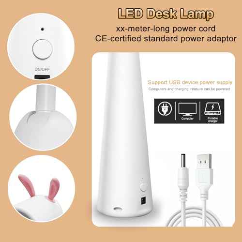 Rabbit Shape Cute Desk Lamp, Dimmable LED Desk Lamp with USB Charging Port Touch Control Eye Protection & Long Battery Life, Dorm Room Essentials Study Lamp for Table Bedroom Kid Gifts.
