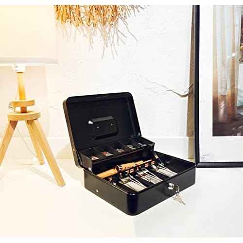 Cash Box with Lock Key and Money Tray - Large Money Box for Cash Register, Metal Lock Box for Money Safe 11.8" x 9.4" x 3.54" Black