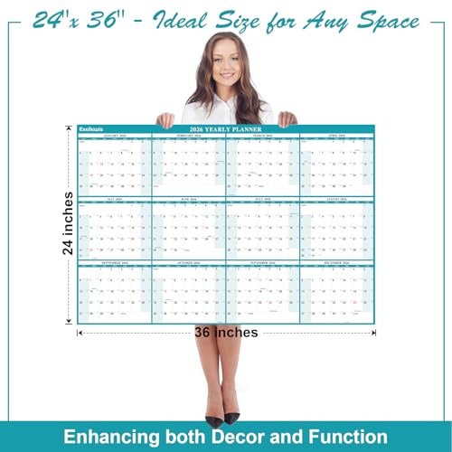 24" x 36" Exellewis 2026 Wall Calendar, Wet & Dry Erase Laminated, Yearly Wall Calendar, Horizontal/Vertical Annual Planner, 12 Month January to December for Easy Planning, Organizing