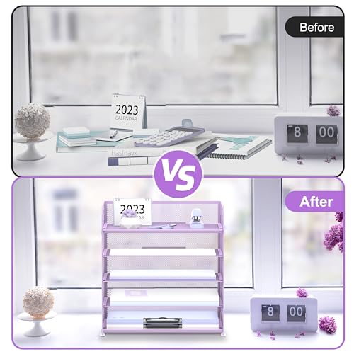 Supeasy 5 Trays Paper Organizer Letter Tray with Handle-Mesh Desk File Organizer, Paper Sorter Desk Organizer for Office, Home or School