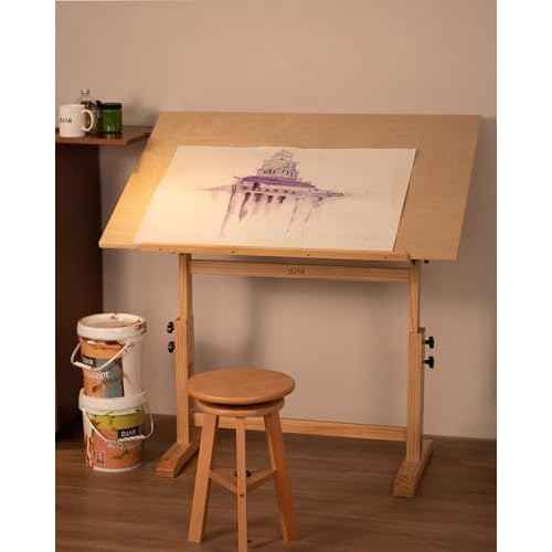 DJAR Adjustable Wooden Drawing Table, 42"x30" Artist Drafting Desk for Painting, Sketching, Writing, Natural