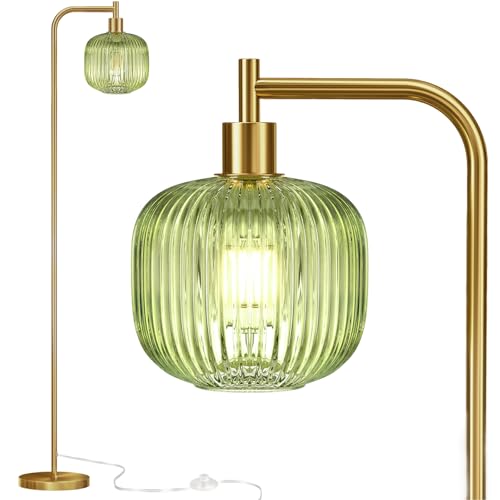 QiMH Glass Floor Lamp for Living Room, Modern Standing Lamp with Ribbed Glass Lampshade Pedal Switch, 67¡± Tall Lamp for Bedroom Study Room, Brushed Gold (2700K LED Bulb Included)
