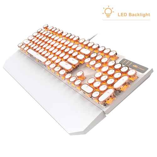 MageGee Typewriter Mechanical Gaming Keyboard, Retro Gold Punk Round Keycaps LED Backlit Wired Keyboards for Laptop MAC PC Gamer, with Magnetic Wrist Rest - Blue Switch