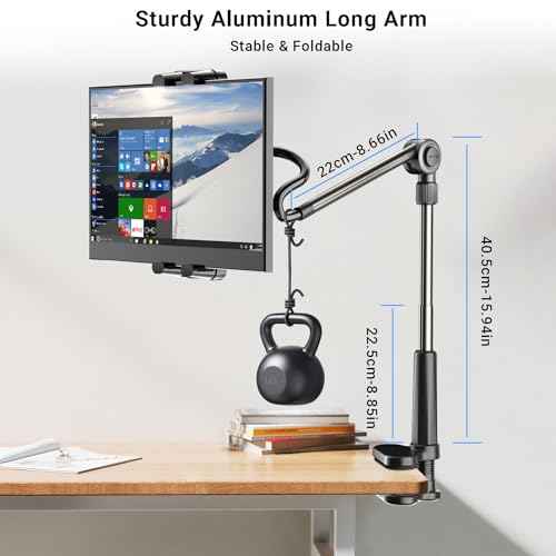 Foldable Desk Tablet Mount for iPad Portable Monitor 4.7-15.6'', Long Gooseneck Tablet Arm Holder, Table Tripod with Clamp Compatible with Surface Pro, All iPad Pro 12.9