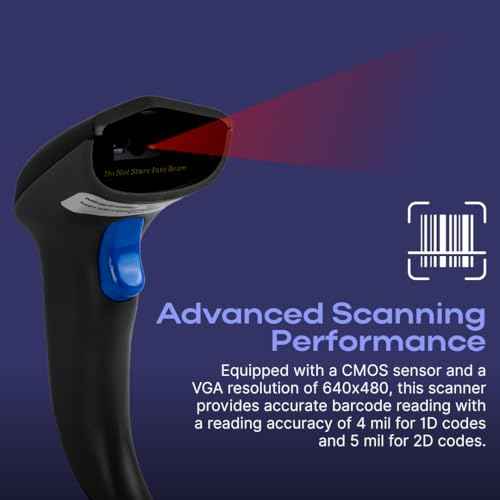Barcode Scanner, Wireless and Bluetooth 1D and 2D Code Reading, Long Wireless Range 65m, 1200mAh Battery, USB, High Speed Scanning for Inventory and Point of Sale