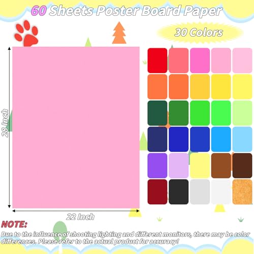 UZLU 22 x 28 Inch Neon Colored Poster Board Pack of 60 Sheets - Bulk Art & Craft Paper for School & DIY Projects