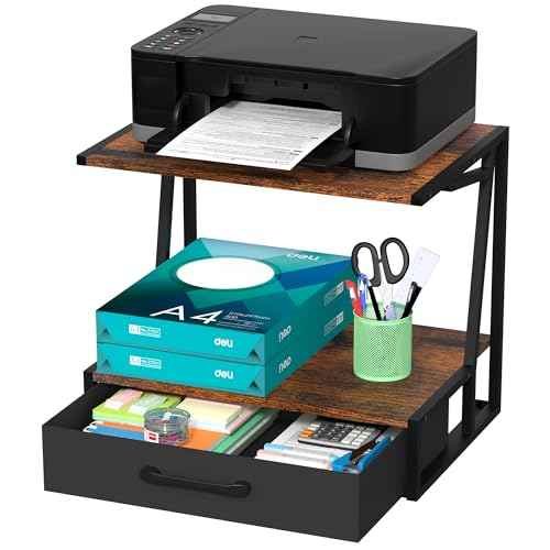 Alyoen Printer Stand for Desk with Storage Drawer, 3 Tier Desktop or Under Desk Printer Shelf, Large Printer Table Organizer for Home Office, Fit Fax Machine, Scanner