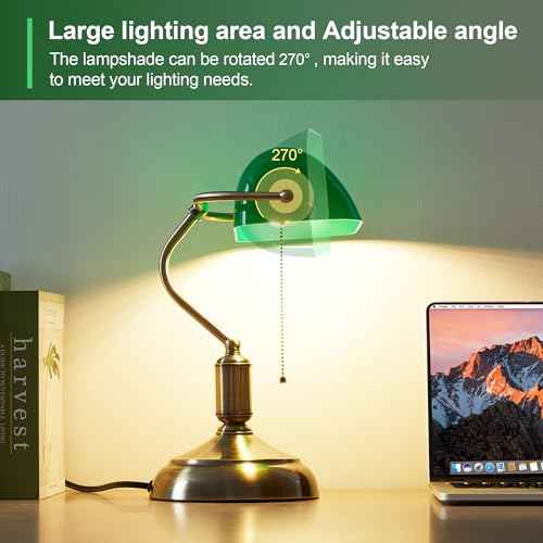 Bankers Lamp, Green Desk Lamp with Pull Chain Switch, 3 Lighting Color Mid Century Banker's Desk Light for Home Office Library Christmas (Green Plastic Lampshade)