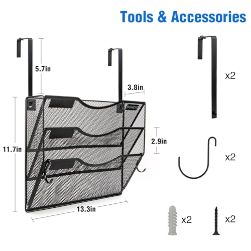 BOHDK 3-Tier Black Wall File Organizer, Hanging Mail & Document Rack, Wall & Door Mount
