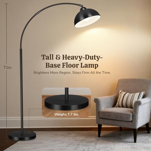 ArcFloor Lamps for Living Room, Modern Tall Lamp with Remote Control and Stepless Dimmable 9W LED Bulb, Over Couch Arched Reading Lamp for Bedroom, Office(Black)