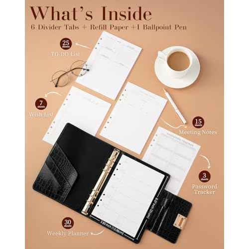Luxury 5.8" x 8.3" Crocodile-Textured Faux Leather A5 Undated Planner Cover with 80 Sheets, Dividers, Metal Ballpoint Pen, Refillable 6-Ring Journal, Birthday and Mother's Day Gift