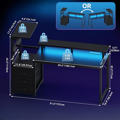 DUMOS 52-Inch Gaming Desk with RGB LED Lights, USB Charging & Storage