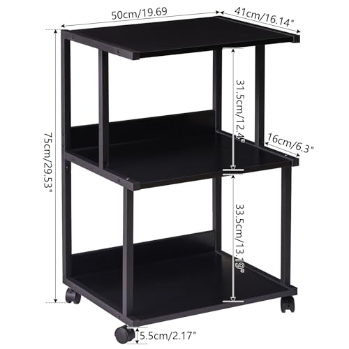 IBUYKE Black Printer Stand with Storage Shelf,3 Tier Printer Table with Wheels,Printer Cart for Home Office Organization, Rolling Cart Stand for Heat Press Microwave and Mini Fridge TPS001B