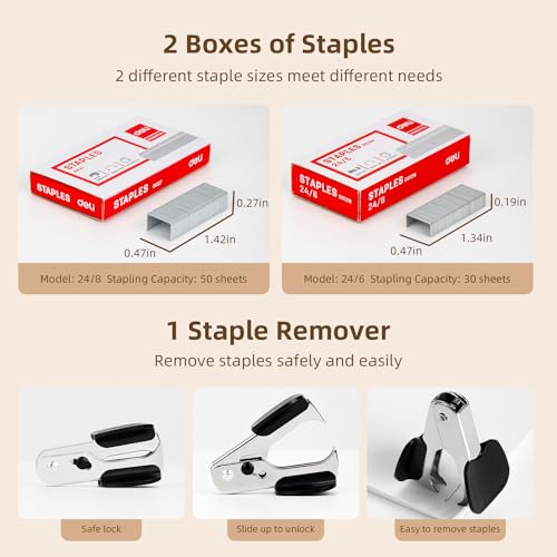 Deli White Heavy Duty Desktop Stapler - 40-50 Sheet Capacity, Jam-Free, Effortless One-Finger Stapling
