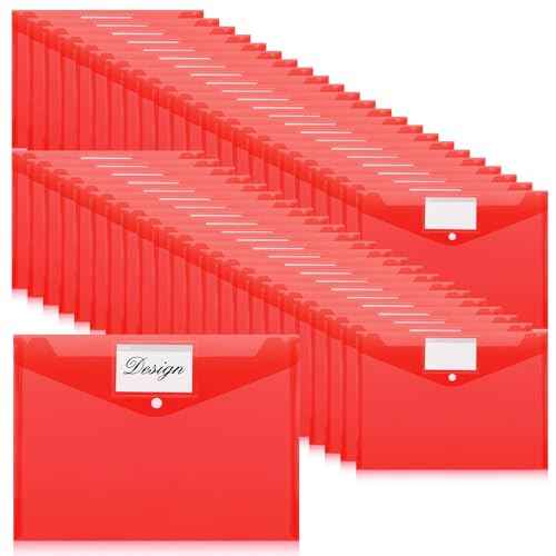 Lincia Plastic Envelopes A4 Size Poly Envelopes File Folders Work Document Holder Office Paper Plastic File Organizer with Label Pocket Snap Button Home Bag for School (Clear Red,48 Pcs)