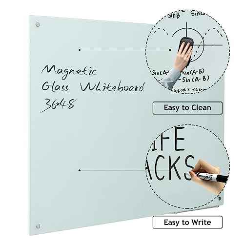 Magnetic Glass Dry Erase Board - White Board 48 x 36 Inches Wall Mounted Glass Whiteboard, Large Frameless Glass White Board for Wall Office, Home & School