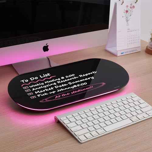 TSJ OFFICE Glass Desktop Whiteboard - 17 X 7 Inches Small Dry Erase Board with Pink Light, Black Glass White Board Surface Notepad with 1 Drawer, Desk Organizers for Office, Home, School Supplies