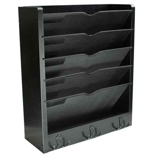 Multi-Purpose No-Assembly Hanging Wall File & Mail Organizer - 3 Pairs of Hooks, Fits Desk with Side Panel/Door-Mountable (Black)