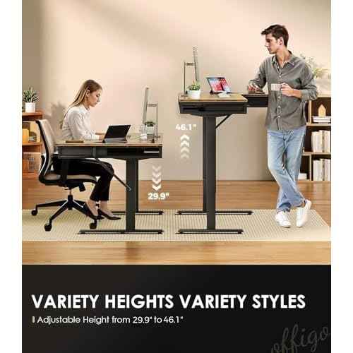 OffiGo 63 Inch L Shaped Electric Standing Desk with Drawers, Height Adjustable Large Desk with Power Outlets, Sit Stand Table, Writing Computer Desk for Home, Office, Workstation, Rustic Brown