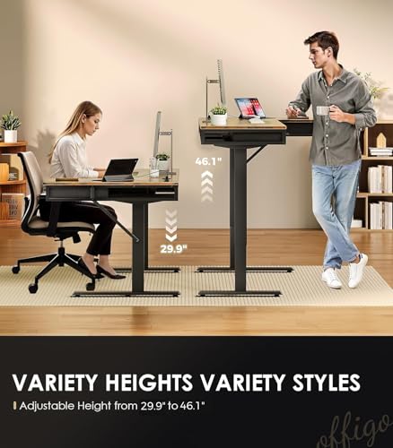 OffiGo 63 Inch Rustic Brown L-Shaped Electric Standing Desk with 4 Drawers
