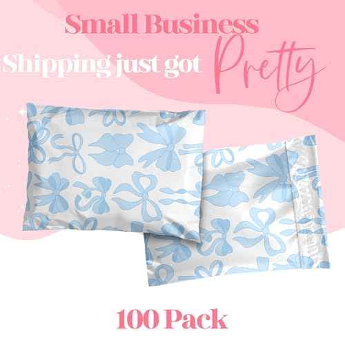 10x13 Designer Poly Mailer 100 Pack Heavy Duty Waterproof Self Seal Shipping Bags for Small Business Large Mailing Envelopes Bulk Tear Resistant Packaging Blue Bows