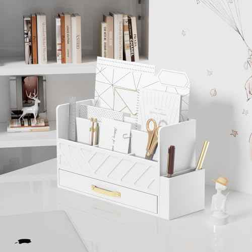 Bamboo Desk Organizer Mail Holder Countertop Wood Desk Drawer Tabletop Storage Box Pen Holder Letter Sorter Makeup Organizer for School Home Office Supplies with Pen Holder White