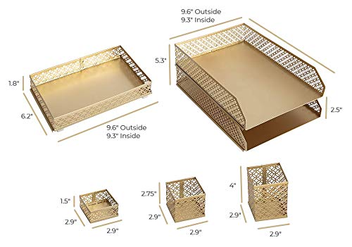 BLU MONACO Gold Desk Organizer Set for Women – 6-Piece Interlocking Office Supplies Set, Pen Cup, 3 Accessory Trays & 2 Letter Trays, Gold Paper Tray Holder