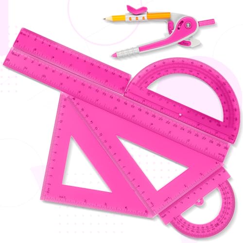 Pink Geometry Math Set with Compass, Rulers, Protractors & Triangles - Zonon 7 pcs