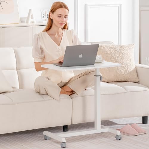 GTRACING Mobile Small Standing Desk, Sit Stand Portable Rolling Laptop Desk with Lockable Wheels, Adjustable Height Overbed Bedside Table Computer Workstations, White