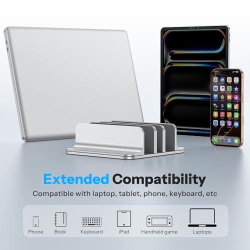OMOTON 3-Slot Vertical Laptop Stand, Desktop Aluminum Stand for MacBook with Adjustable Dock Size, Fits All MacBook, Surface, Chromebook and Gaming Laptops (Up to 17.3 inches), Bright Silver