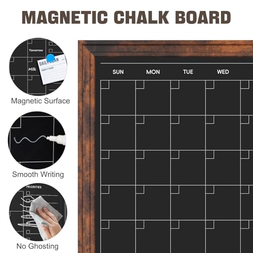 4 THOUGHT Chalkboard Calendar 36" x 24", Magnetic Calendar Chalkboard for Wall Hanging Chalk Boards Sign Menu Board Monthly Planner Rustic Brown Frame for Kitchen Decor Home Office 8 Magnets 1 Marker