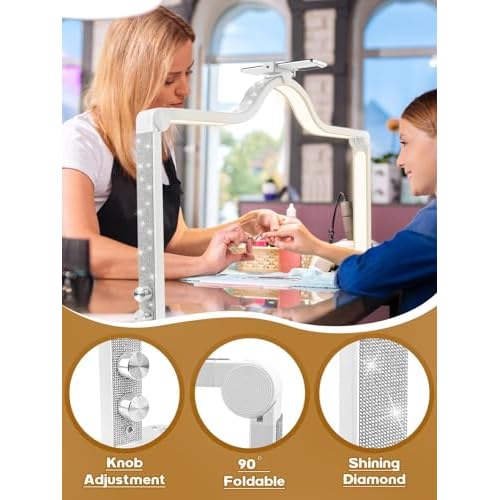 Kalolary Half Moon Light for Nail Desk, Foldable Arch Light Nail Techs Lamp with Phone Holder, 3000-6000K Brightness Adjustable LED Lash Lamp for Beauty Eyelashes Tattoos(Crystal Diamond) White