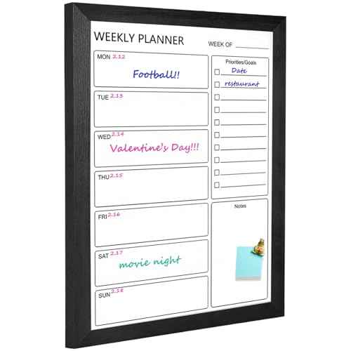 Dry Erase White Board Weekly Calendar Board, Magnetic Whiteboard for Wall,17.7¡°x23.6 Solid Wood Black Framed Message Board, Planner Board for Office, Home, School£¨Weekly-BB-BK-4560